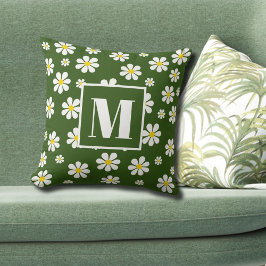 Cojín Decorativo Retro Daisies En Monograma Verde Personalizado