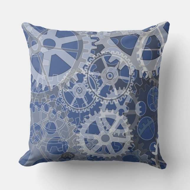 COJÍN DECORATIVO retro de DISEÑO DE ENGRANAJE AZUL (Anverso)