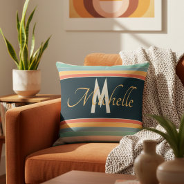 Cojín Decorativo Retro de los 70 Navy & Teal Rayado Mostaza Nombre