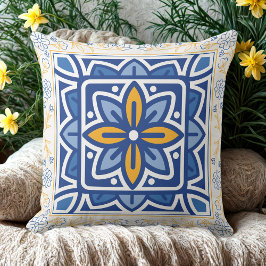 Cojín Decorativo Retro de mosaico floral azul y dorado mediterráneo