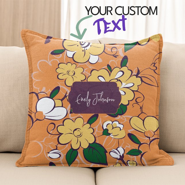 Cojín Decorativo Retro Floral Daisy Orange Autumn Custom Name (Bohemian Meadow Floral Sketch Style Throw Pillow)
