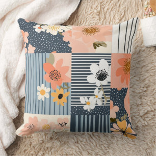 Cojín Decorativo Retro Floral Patchwork en Rosa y Azul