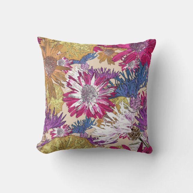 Cojín Decorativo Retro, florido, rojo, ramo, flores azules, (Anverso)