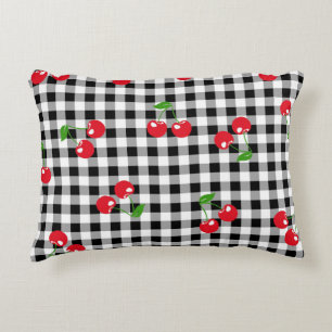 Cojín Decorativo Retro Gingham de Cereza Lindo Rojo y Negro a Cuadr