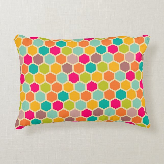 Cojín Decorativo Retro hexagonal de Naranja verde azul (Anverso)
