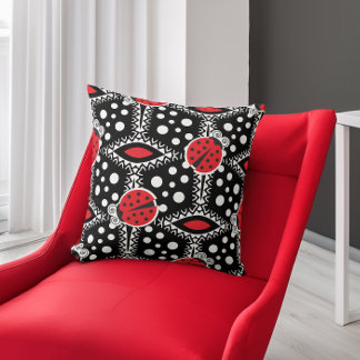 Cojín Decorativo Retro Ladybugs Polka Dot Rojo y Negro
