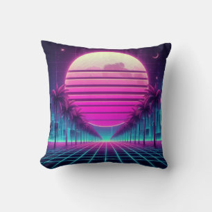Cojín Decorativo retro, luna/palmas/puesta de sol neón de los 80