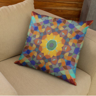 Cojín Decorativo Retro Mandala Flor Naranja Azul y Verde