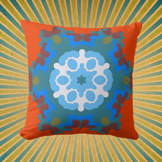 Cojín Decorativo Retro Mandala Flor Naranja Blanco y Azul (Subido por el creador)