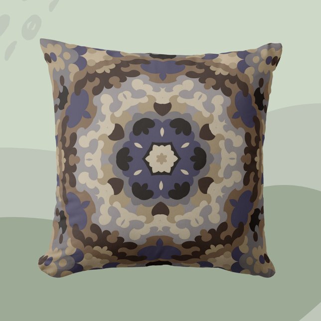 Cojín Decorativo Retro Mandala Flores Azules Tan y Marrón (Subido por el creador)