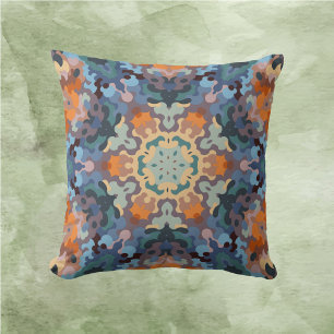 Cojín Decorativo Retro Mandala Naranja azul y amarillo