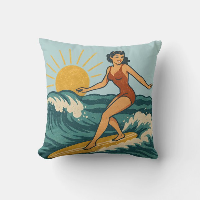 Cojín Decorativo Retro Pinup Surfer Reversible Surfboard Print (Anverso)