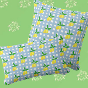 Cojín Decorativo Retro Preppy Style Yellow Lemons Blue White Check