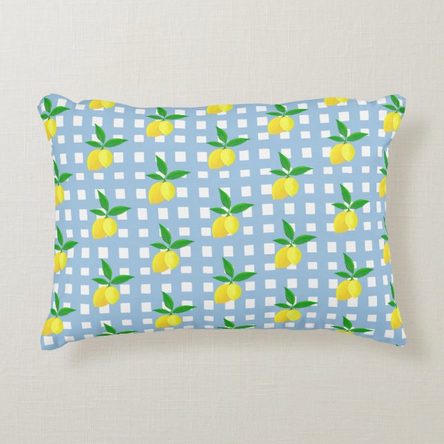 Cojín Decorativo Retro Preppy Style Yellow Lemons Blue White Check (Anverso)