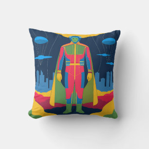 Cojín Decorativo Retro Sci-Fi Hero Over Cityscape