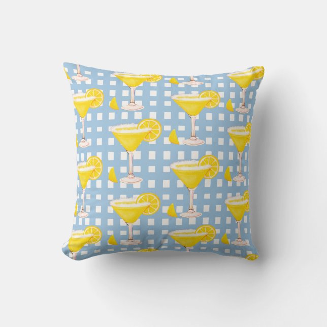 Cojín Decorativo Retro Sunny Yellow Lemon Drop Blue White Check (Anverso)