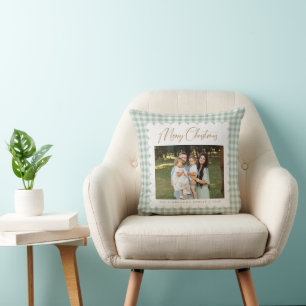 Cojín Decorativo Retro Verde Cuadros Foto Personalizada Navidad