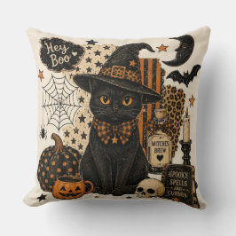 Cojín Decorativo Retro Vintage Halloween Gato Negro Bruja Sombrero