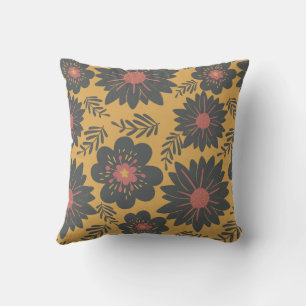 Cojín Decorativo Retro Vintage Mostaza Negro Rojo Floral