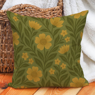 Cojín Decorativo Retro Vintage Tierra Tono Oliva Amarillo Flores