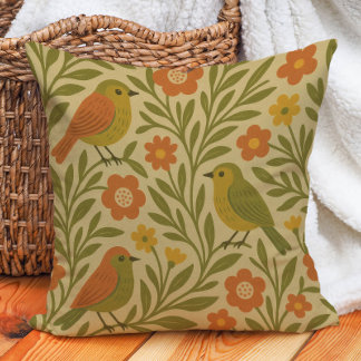 Cojín Decorativo Retro Vintage Tierra Tono Oliva Naranja Oro Pájaro