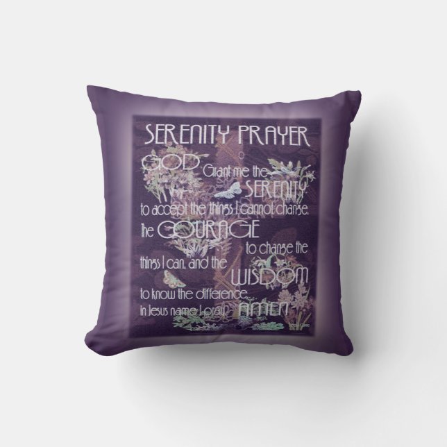 Cojín Decorativo Rezo de la serenidad en púrpura (Anverso)