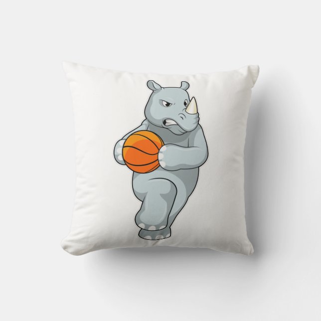 Cojín Decorativo Rhino como jugador de baloncesto con baloncesto (Anverso)