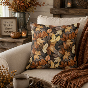 Cojín Decorativo Ricas Hojas de Otoño Marrones Beige Granja Rústica