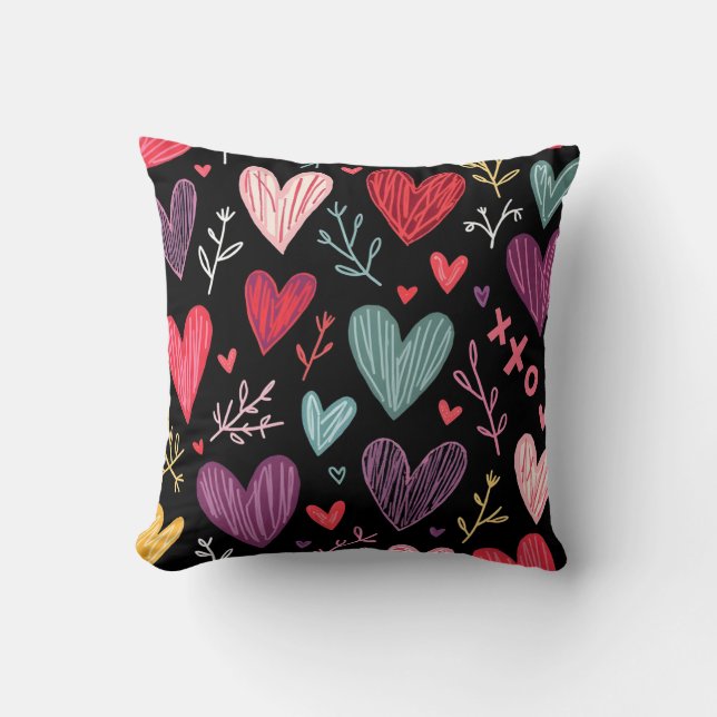 Cojín Decorativo Rich Black Playful Hand-Drawn Hearts Throw Pillow (Anverso)