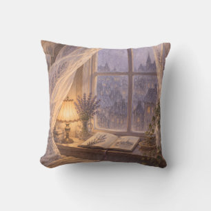 Cojín Decorativo Rincón de lectura vintage acogedor de lluvia de la