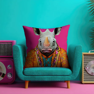 Cojín Decorativo Rinoceronte funky retrato rosa caliente