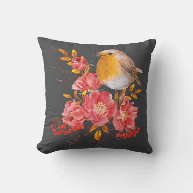 Cojín Decorativo Robo amarillo y amapolas rojas (Anverso)