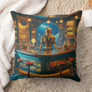 Cojín Decorativo Robot Bartender en un Bar de Buceo de la Era Espac