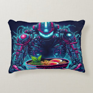 Cojín Decorativo Robot Cyberpunk Futurista Comida Ramen Neon