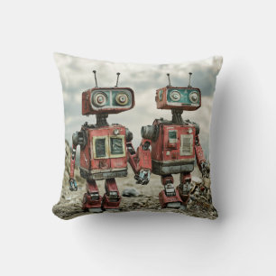 Cojín Decorativo Robots Retro Lindos Enamorados Tomados de la Mano
