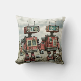 Cojín Decorativo Robots Retro Lindos Enamorados Tomados de la Mano