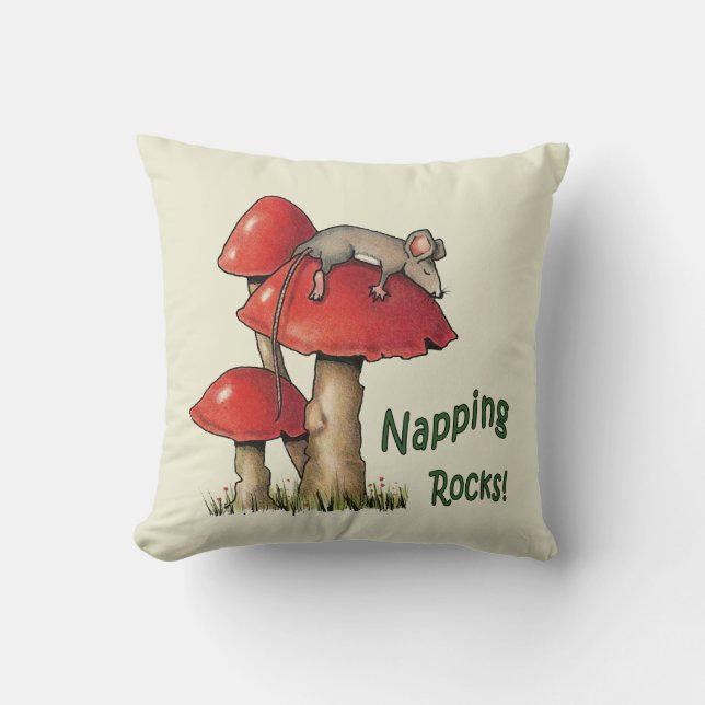 Cojín Decorativo ¡Rocas Napping! Ratón que duerme en Toadstool (Anverso)