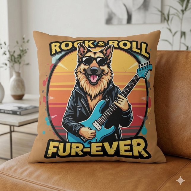 Cojín Decorativo Rock and Roll German Shepherd Retro Sunset Art (Rock and Roll German Shepherd Retro Sunset Art Throw Pillow Mockup A)