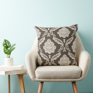 Cojín Decorativo Rococó Damask Desplazado Patrón 2 Vías Marrón + Cr