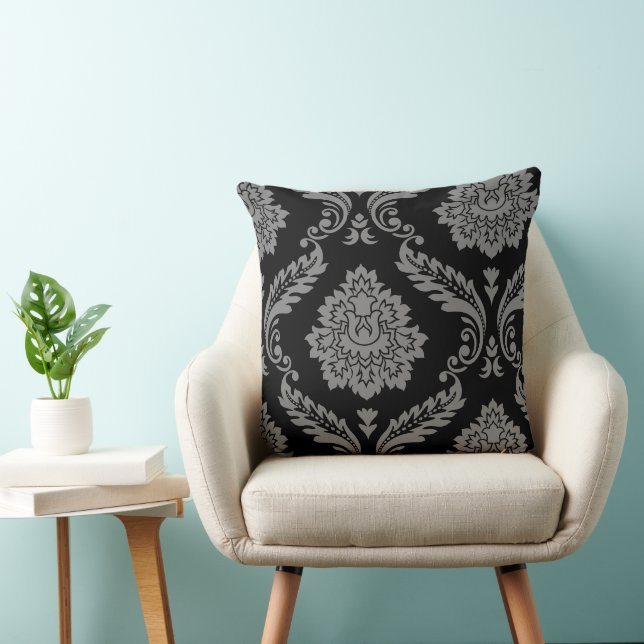 Cojín Decorativo Rococo Damask Off-Set Pattern Grey on Black (Silla)