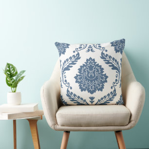 Cojín Decorativo Rococo Damask Patrón Grande Azul sobre Blanco