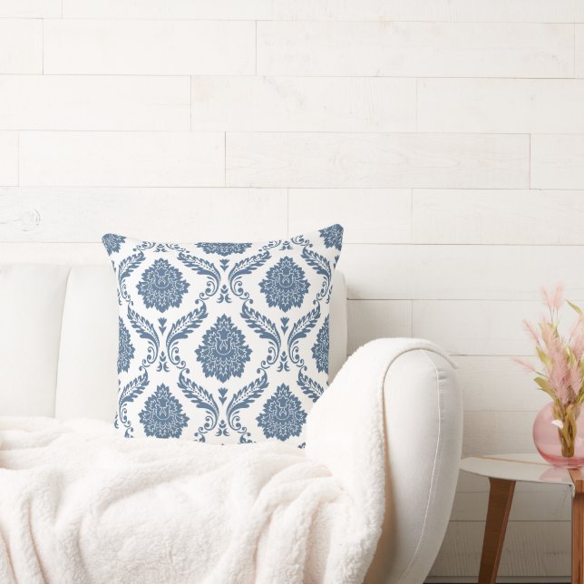 Cojín Decorativo Rococó Damask Patrón Grande Azul sobre Blanco (Sofá)