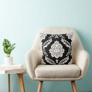 Cojín Decorativo Rococo Damask Patrón Grande Blanco sobre Negro