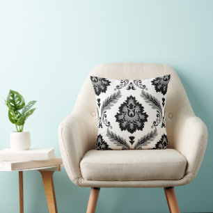 Cojín Decorativo Rococo Damask Patrón Grande Gris Negro Blanco