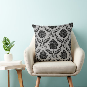 Cojín Decorativo Rococó Damask Patrón Grande Negro sobre Gris