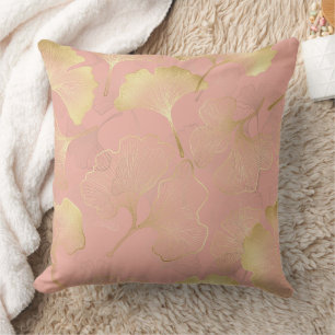 Cojín Decorativo Rojizo Rosa Dorado Hojas de Ginkgo Elegante Botáni