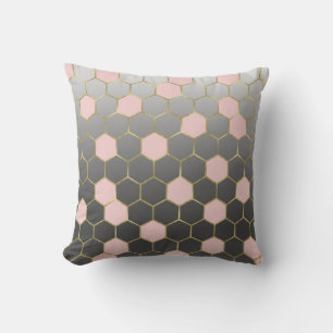 Cojín Decorativo Rojizo Rosa Gris y Dorado Hexágono Glam Moderno