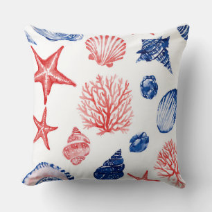 COJÍN DECORATIVO ROJO BLANCO AZUL ESTRELLAS DE MAR CONCHAS Y PLANTA