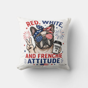 Cojín Decorativo Rojo Blanco y Actitud Frenchie Patriótica