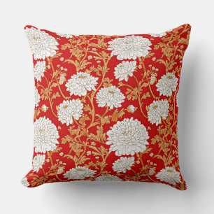 Cojín Decorativo Rojo Blanco y Oro Floral de Crisantemo Japonés